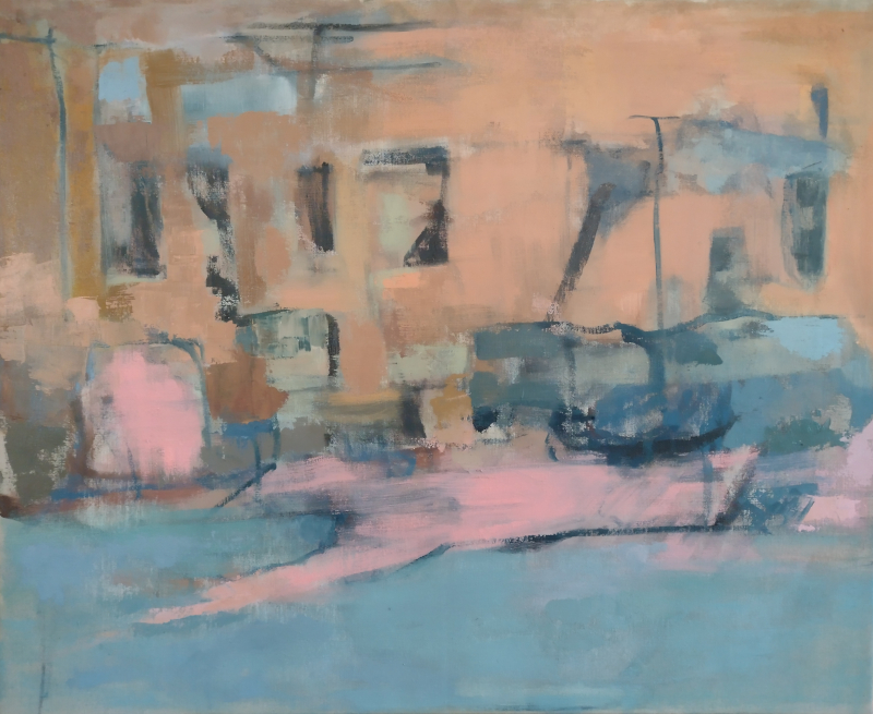 Oil painting of abstract urban landscape: oranges, blues, and pinks.