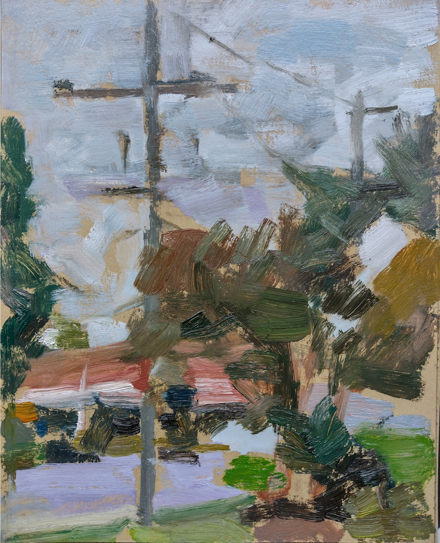Oil painting of suburban scene: blues, greens, and reds.