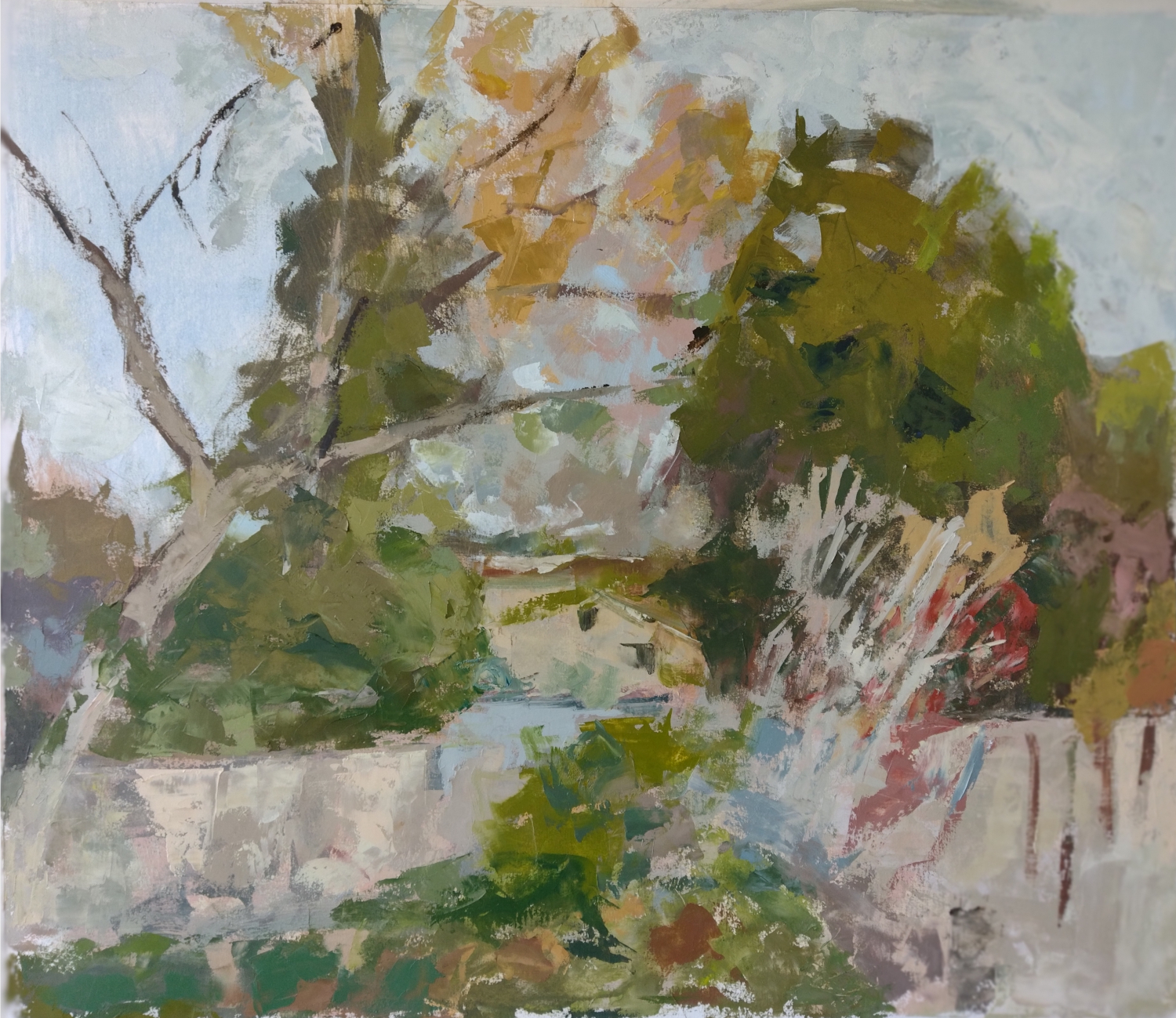 Oil painting of suburban scene: autumn colors.