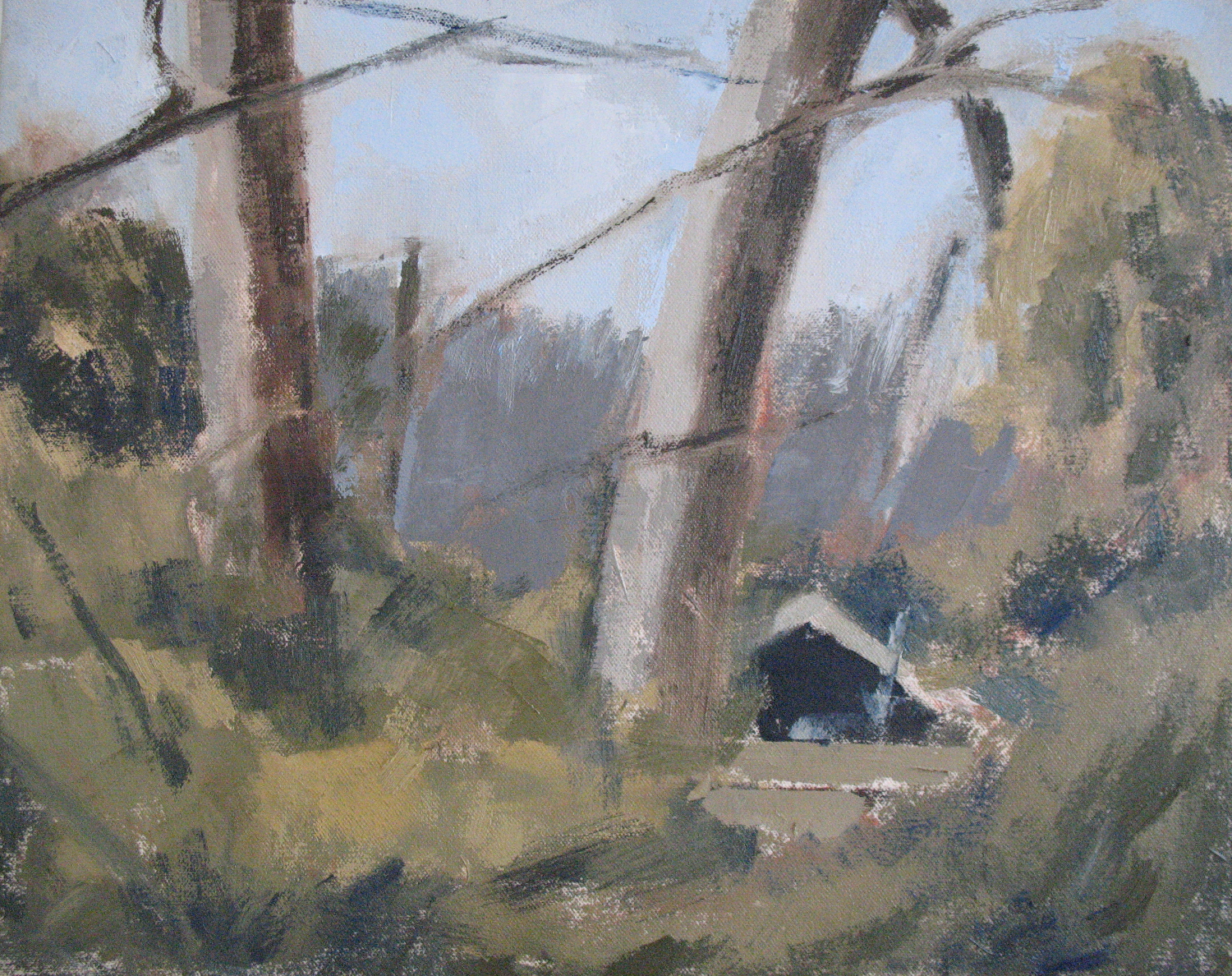Oil painting of suburban scene: winter colors.