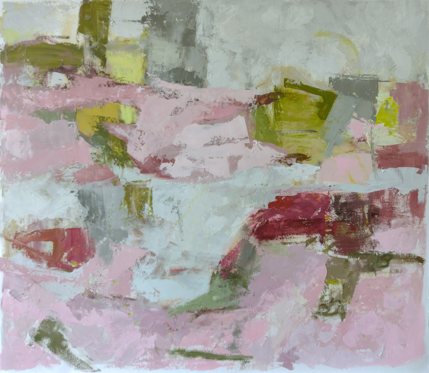 Oil painting of abstract landscape: greys, greens, and reds.