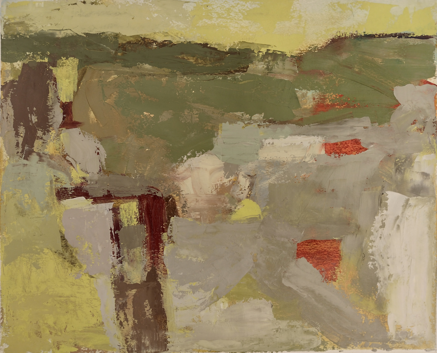 Oil painting of abstract landscape: yellows, greens, and reds.