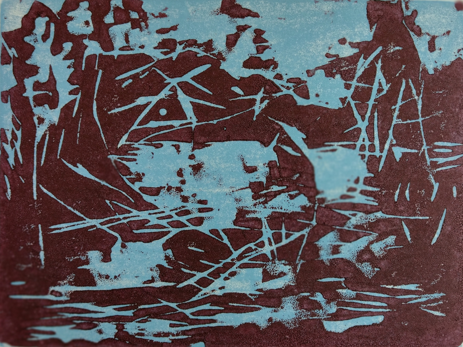 Woodcut print suggesting lake and trees. Red-violet and blue.