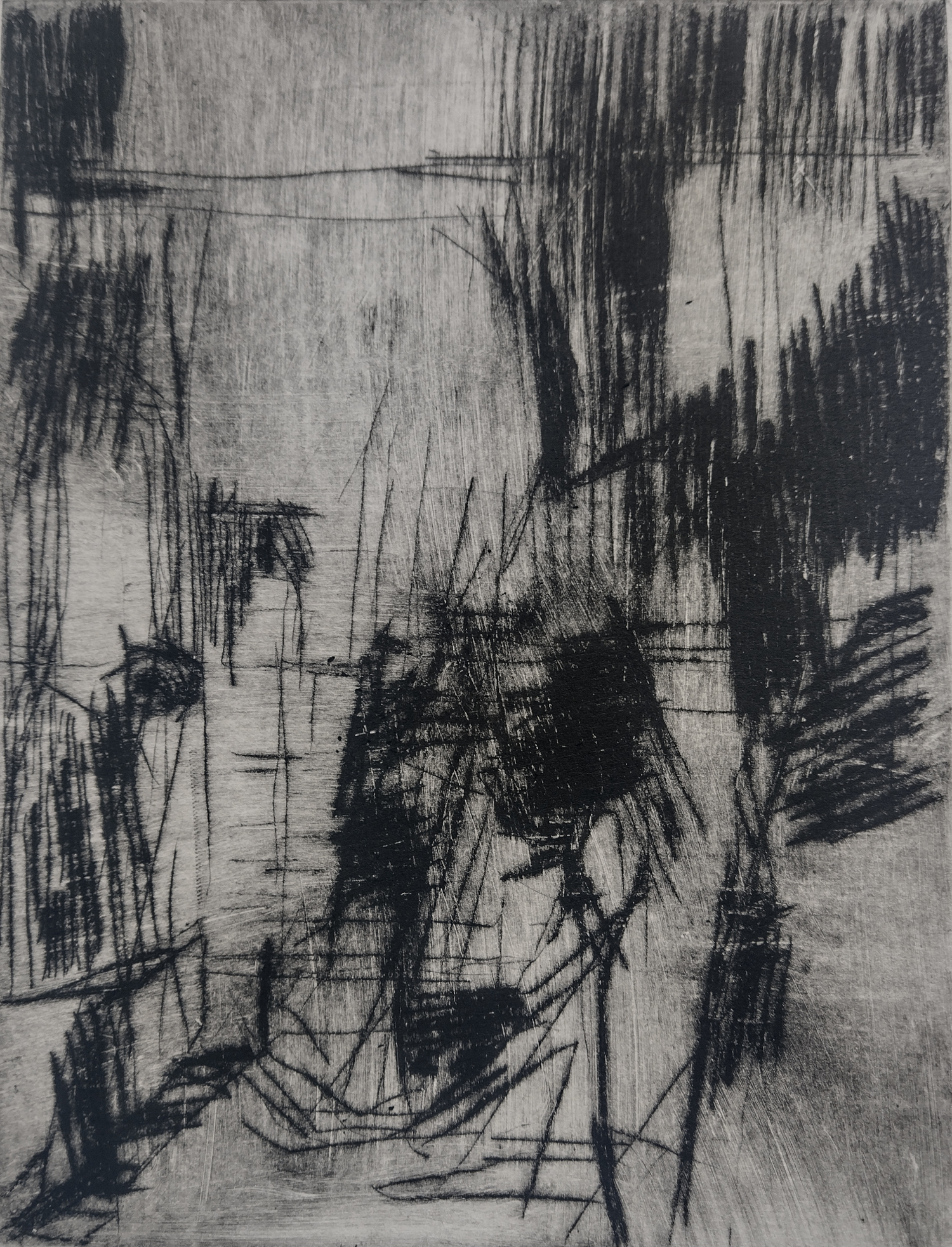 Monochrome drypoint print suggesting urban scene.